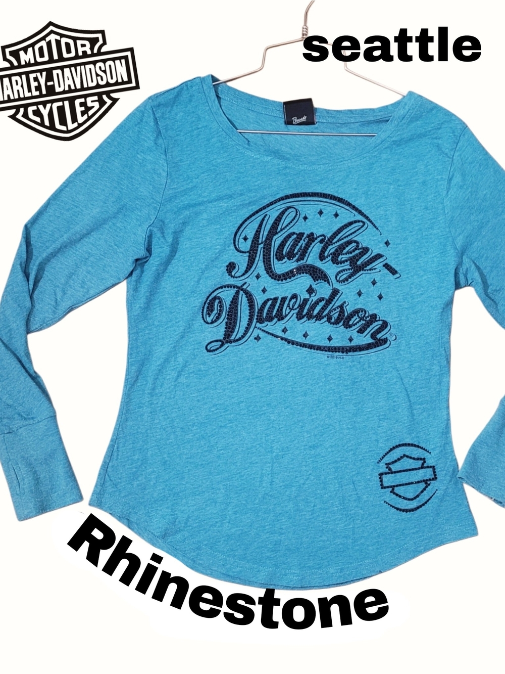 Harley-Davidson Teal Blue Long Sleeve Rhinestone Logo Tee W/ Thumb Holes Seattle